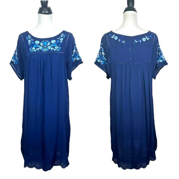 Catherine Malandrino Navy Blue Floral Embroidered Eyelet Scalloped Shift Dress - Picture 1 of 9